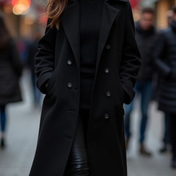 NWT Classic Black 100% Wool Double Breasted Belted Winter Coat - Picture 8 of 10